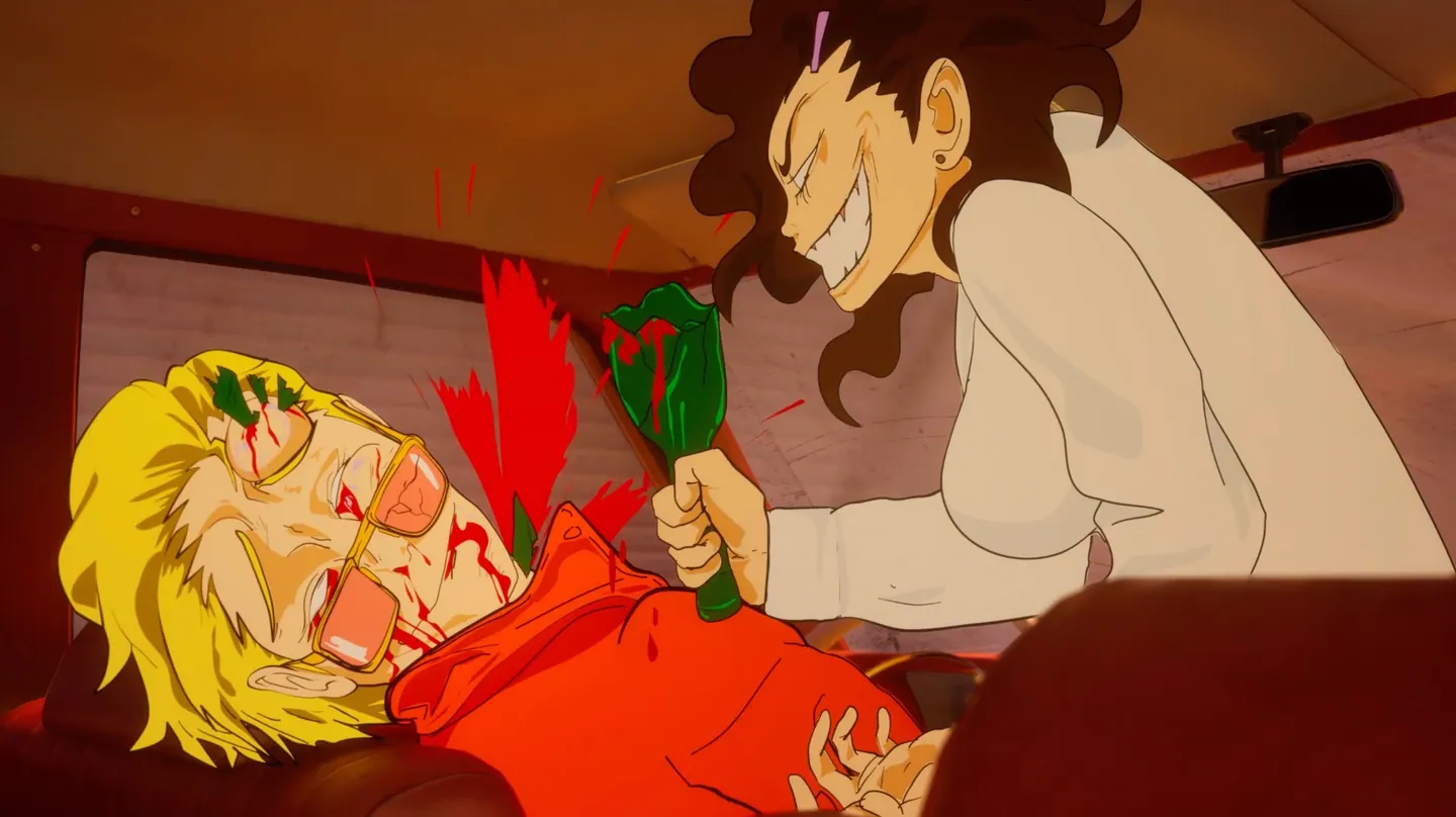 A blond man in tinted glasses lies injured in a car while a grinning woman stands over him, gripping a broken bottle.