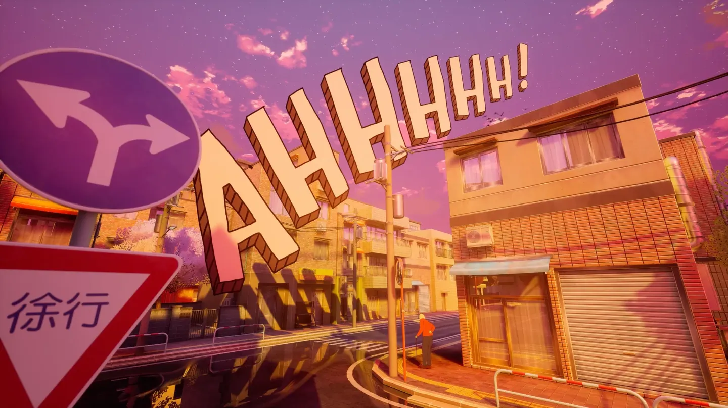 A residential street at sunset under a pink and purple sky, with a large comic-style “AHHHHH!” sound effect hanging in the air.