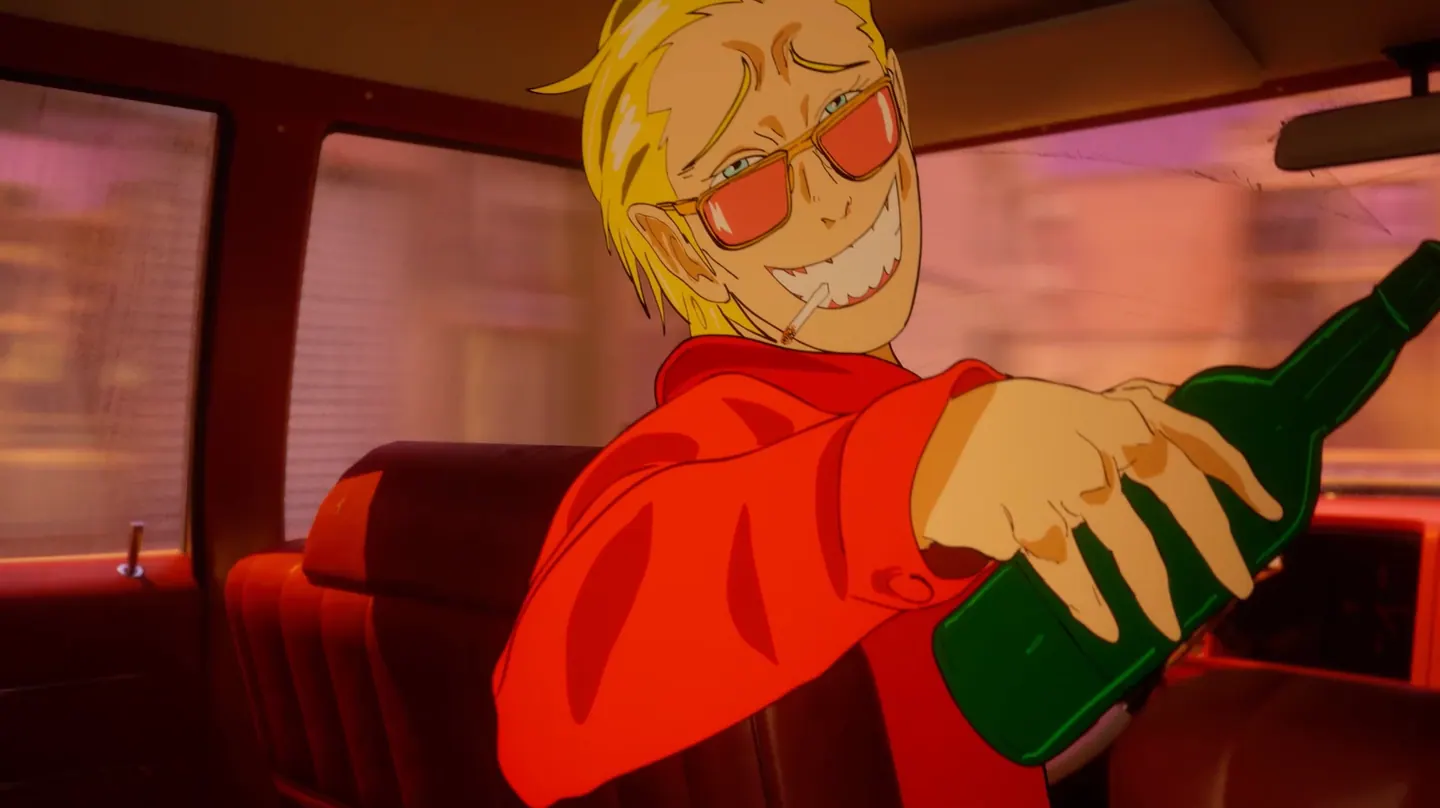 A grinning blond man in tinted glasses, a cigarette in his mouth, holds out a green bottle from the back seat of a car.