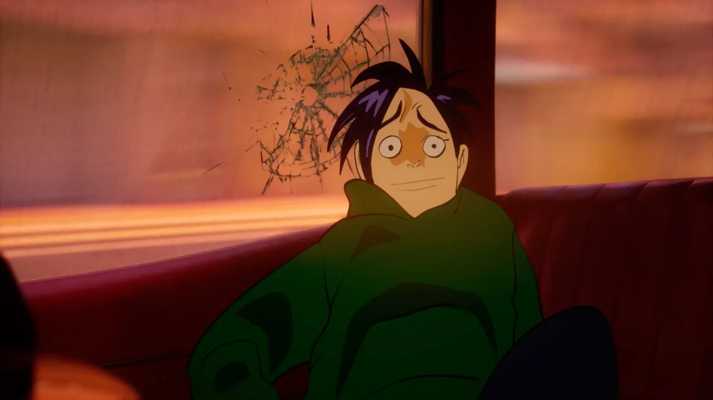 A wide-eyed, nervous person in a green hoodie sits in a car seat beside a cracked window.